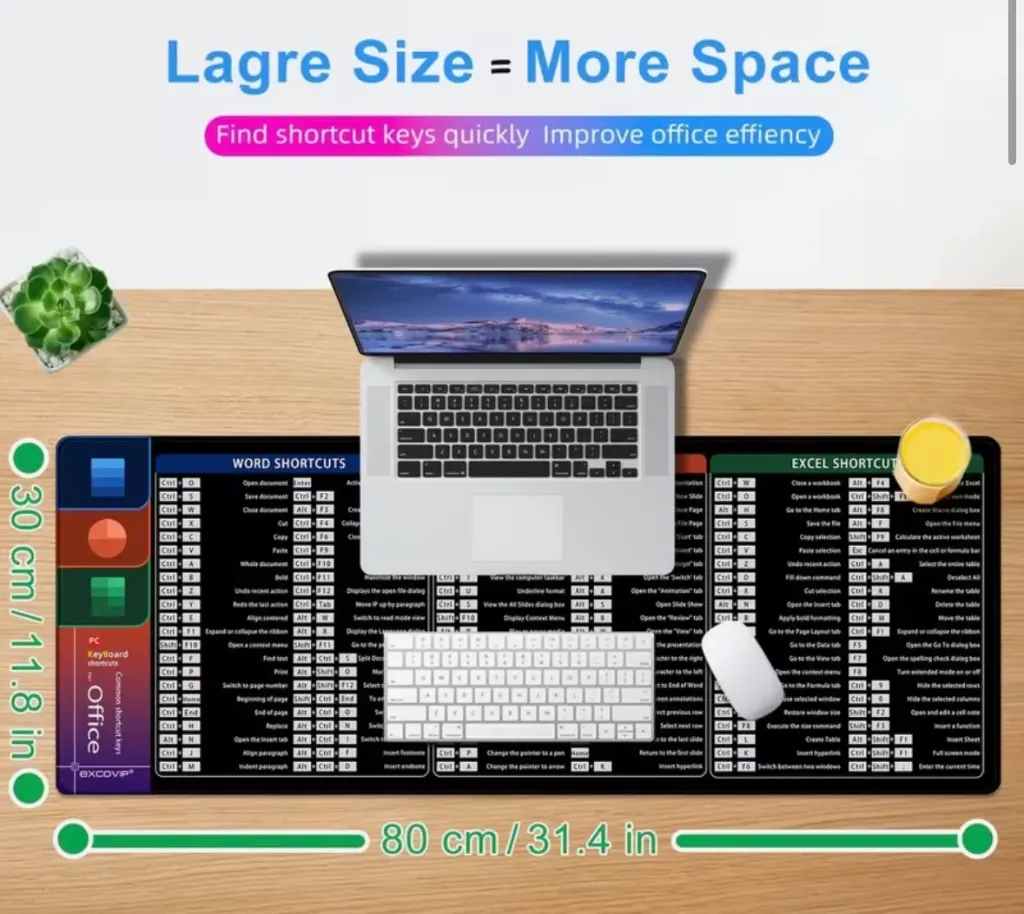 Musematte / skrivebordsmatte - 30x80cm Excell shortcuts